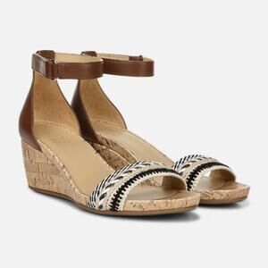 NEW Naturalizer Areda Ankle Strap Wedge Sandal Natural Multi Faux Leather 6.5M